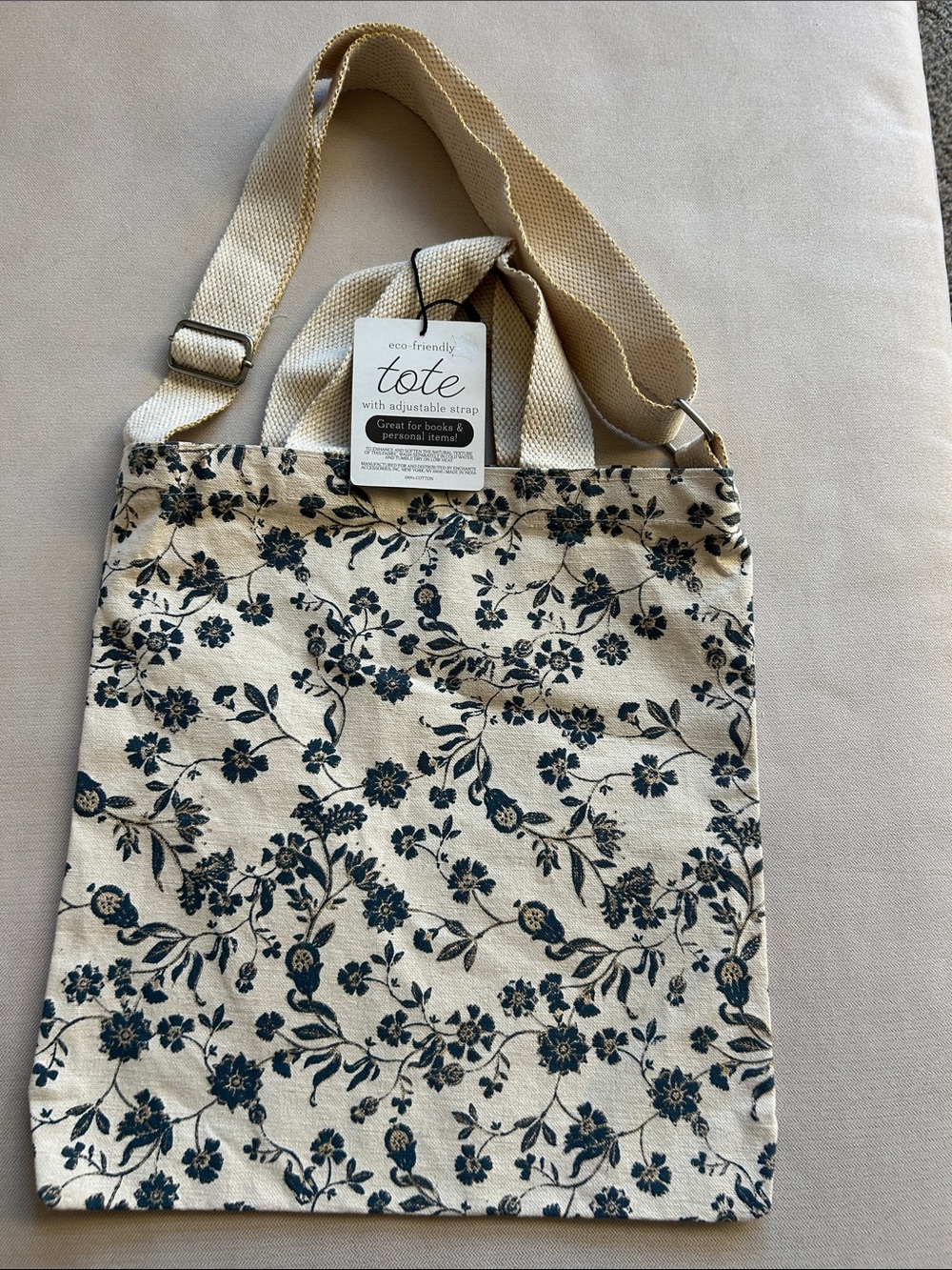 NWT Lily + Faye Navy Floral Canvas Tote Bag Gold Accents